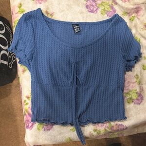 Blue Textured Crop Top with Tie Detail